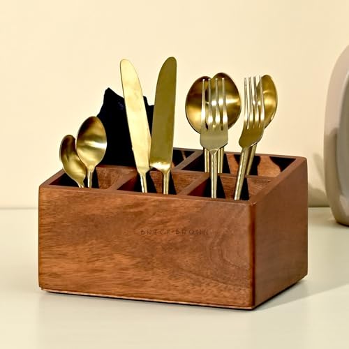 Brick Brown ® Premium Handcrafted Wooden Spoon stand for kitchen | cutlery holder for dining table | wooden caddy storage organiser stand with 5 section Mahogany Finish(8.75x6x4.5 inch) - Image 3