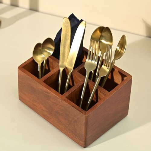Brick Brown ® Premium Handcrafted Wooden Spoon stand for kitchen | cutlery holder for dining table | wooden caddy storage organiser stand with 5 section Mahogany Finish(8.75x6x4.5 inch) - Image 4