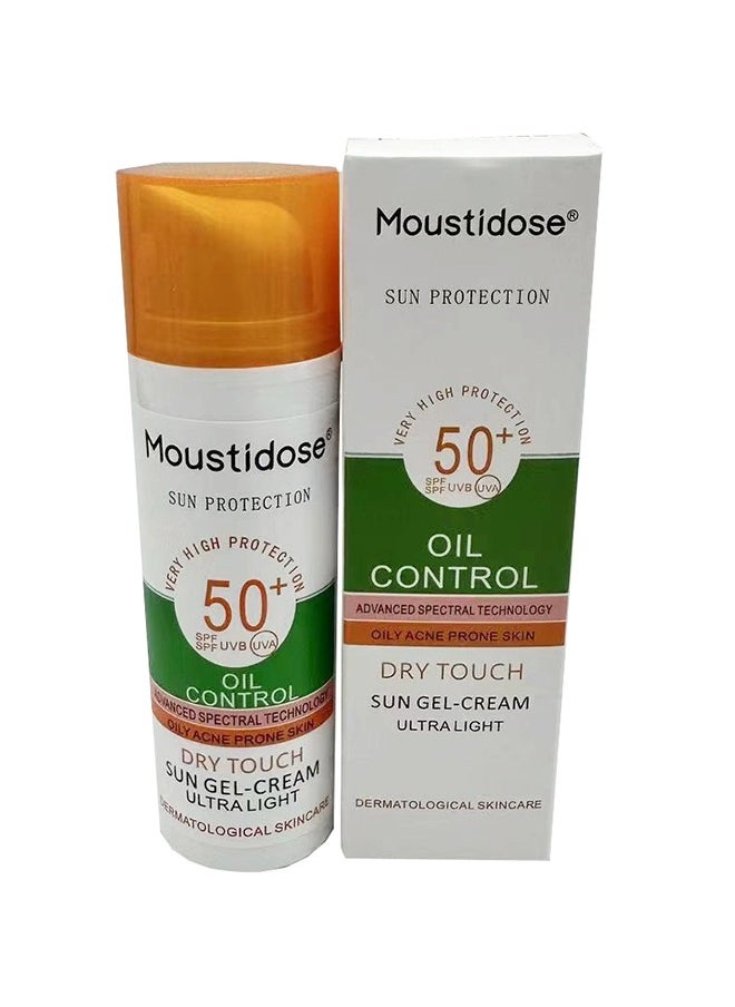 MOUSTIDOSE sun protection very high protec tion 50+ SPF UVB UVA Oil Control advanced spectral technology oily acne prone skin dry touch sun gel - cream ultra light 50ml 