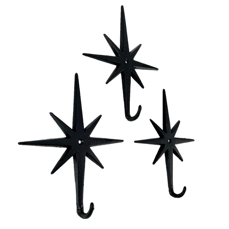 Zeckos Set of 3 Cast Iron Atomic Starburst Wall Hooks MidCentury Modern Design Black Finish 9 High 725 Long Durable and Stylish for Organizing Coats Hats Keys and More - Image 2