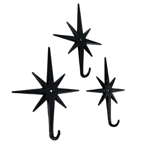 Zeckos Set of 3 Cast Iron Atomic Starburst Wall Hooks MidCentury Modern Design Black Finish 9 High 725 Long Durable and Stylish for Organizing Coats Hats Keys and More - Image 1