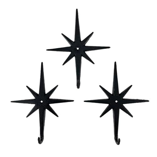 Zeckos Set of 3 Cast Iron Atomic Starburst Wall Hooks MidCentury Modern Design Black Finish 9 High 725 Long Durable and Stylish for Organizing Coats Hats Keys and More - Image 3