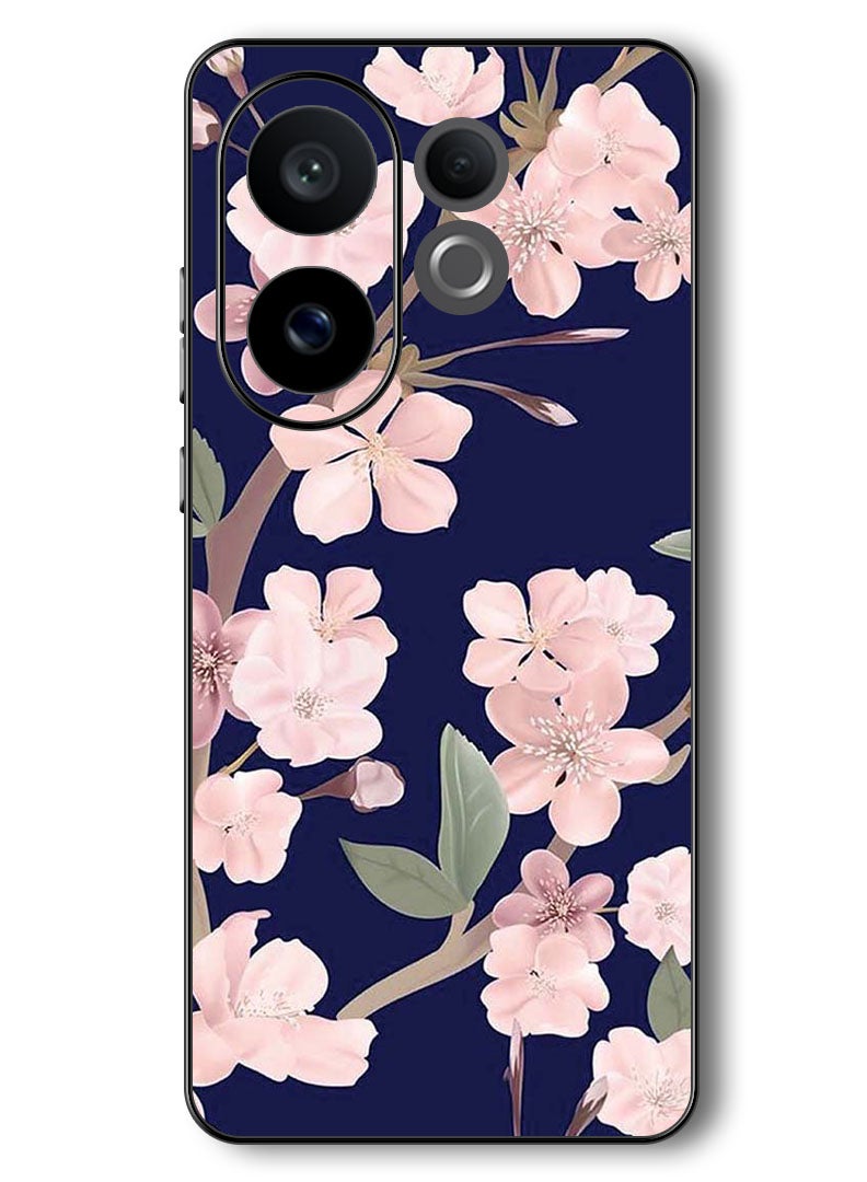 Theodor Case Compatible with Vivo V60 6.77 Inch Protection Shockproof Bumper Cover Pink Flowers In Blue Background - Image 1
