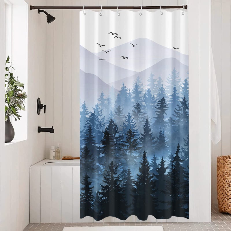 Accnicc Stall Small Blue Misty Forest Shower Curtain Set Ombre Mountain Pine Tree Waterproof Fabric Shower Curtains for Bathroom Nature Woodland Decorative Bath Curtain Decor 36Ã—72 Inches - Image 1