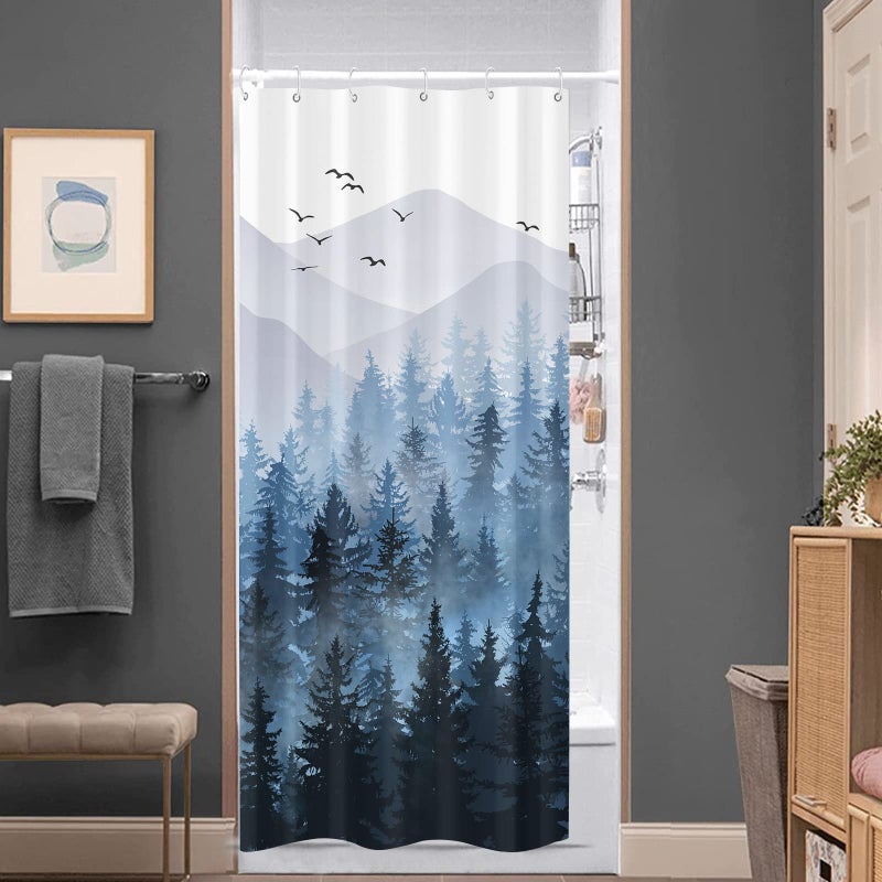 Accnicc Stall Small Blue Misty Forest Shower Curtain Set Ombre Mountain Pine Tree Waterproof Fabric Shower Curtains for Bathroom Nature Woodland Decorative Bath Curtain Decor 36Ã—72 Inches - Image 4
