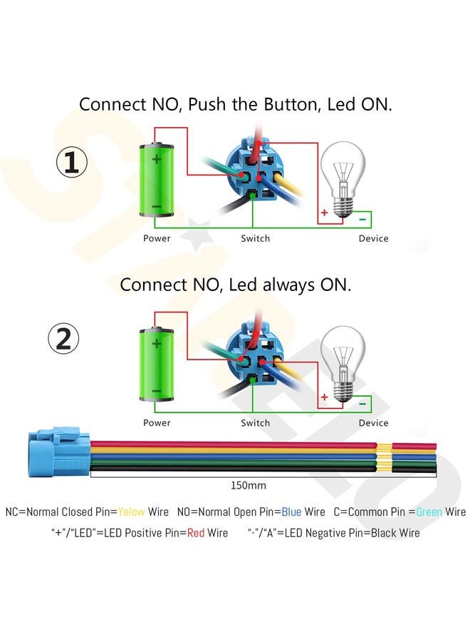 STARELO 5pcs 16mm Latching led Push Button Switch Black Shell, IP65 Waterproof Push Button Switch,1NO 1 NC with Wire Socket Plug,Self-Locking with LED(Blue). - Image 3