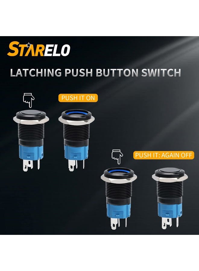 STARELO 5pcs 16mm Latching led Push Button Switch Black Shell, IP65 Waterproof Push Button Switch,1NO 1 NC with Wire Socket Plug,Self-Locking with LED(Blue). - Image 5