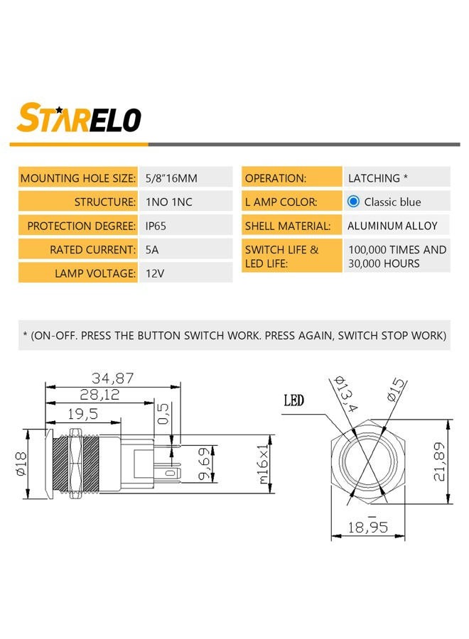 STARELO 5pcs 16mm Latching led Push Button Switch Black Shell, IP65 Waterproof Push Button Switch,1NO 1 NC with Wire Socket Plug,Self-Locking with LED(Blue). - Image 2