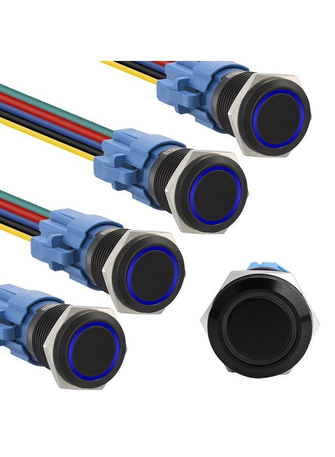 STARELO 5pcs 16mm Latching led Push Button Switch Black Shell, IP65 Waterproof Push Button Switch,1NO 1 NC with Wire Socket Plug,Self-Locking with LED(Blue). - Image 1