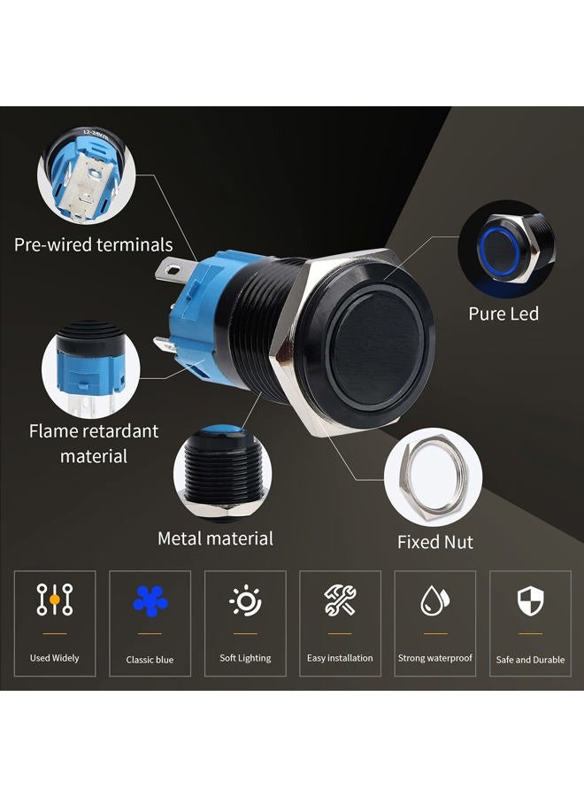 STARELO 5pcs 16mm Latching led Push Button Switch Black Shell, IP65 Waterproof Push Button Switch,1NO 1 NC with Wire Socket Plug,Self-Locking with LED(Blue). - Image 4