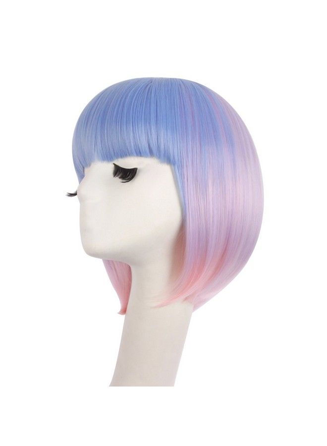 MapofBeauty Fashion Lady Short Straight Synthetic Flat Bangs Bob Wig (Pink/Light Purple/Light Bule) - Image 4