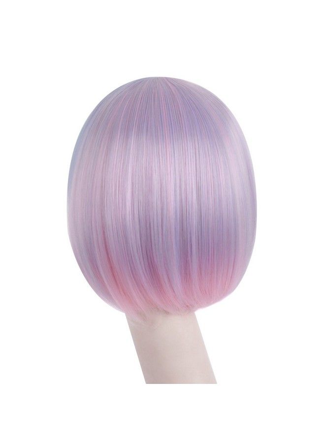 MapofBeauty Fashion Lady Short Straight Synthetic Flat Bangs Bob Wig (Pink/Light Purple/Light Bule) - Image 5