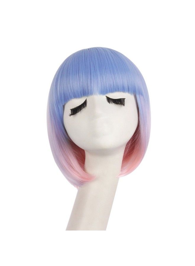 MapofBeauty Fashion Lady Short Straight Synthetic Flat Bangs Bob Wig (Pink/Light Purple/Light Bule) - Image 1