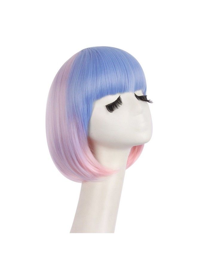 MapofBeauty Fashion Lady Short Straight Synthetic Flat Bangs Bob Wig (Pink/Light Purple/Light Bule) - Image 3