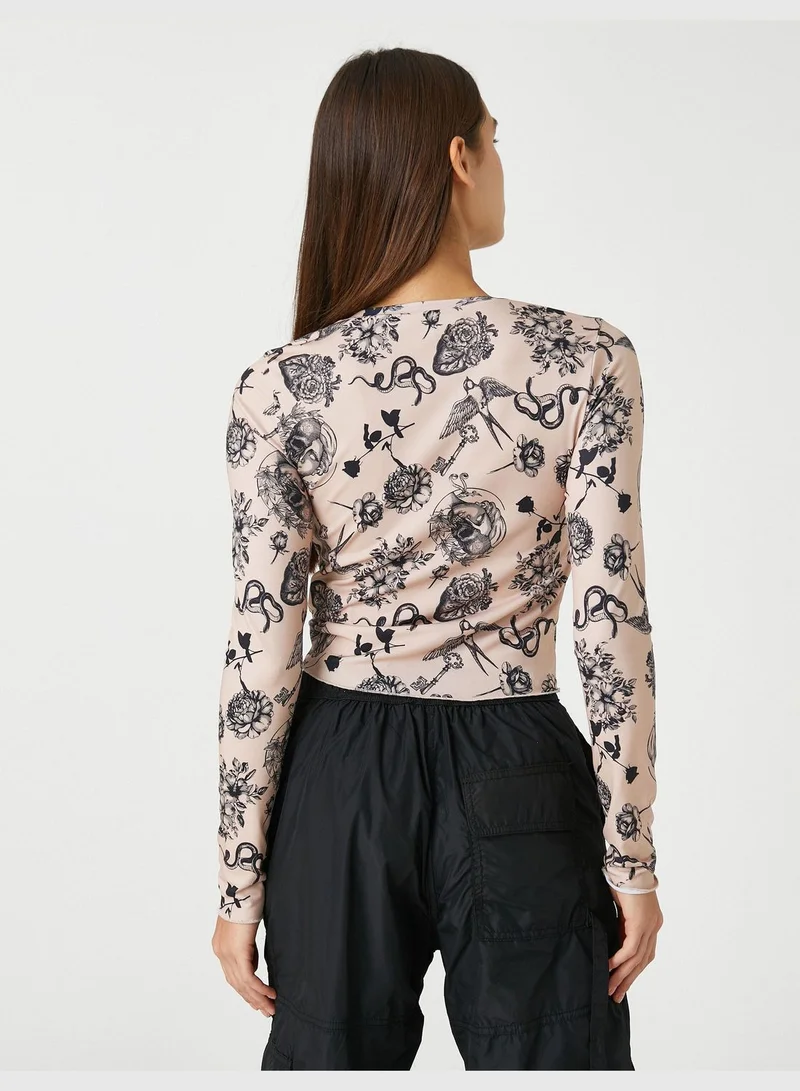 KOTON Crop T-Shirt Shirred Long Sleeve Crew Neck Printed