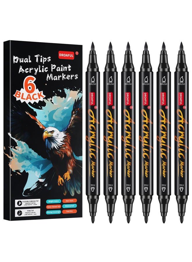 Droaful Black Acrylic Paint Pens Markers, 6 Pc Dual Tips Waterproof Paint Markers For Rock Painting, Fabric, Metal, Glass, Wood, Canvas, Ceramic, Pumpkins, Eggs, Plastic, Non-Toxic & Odor (6 Black) - Image 1