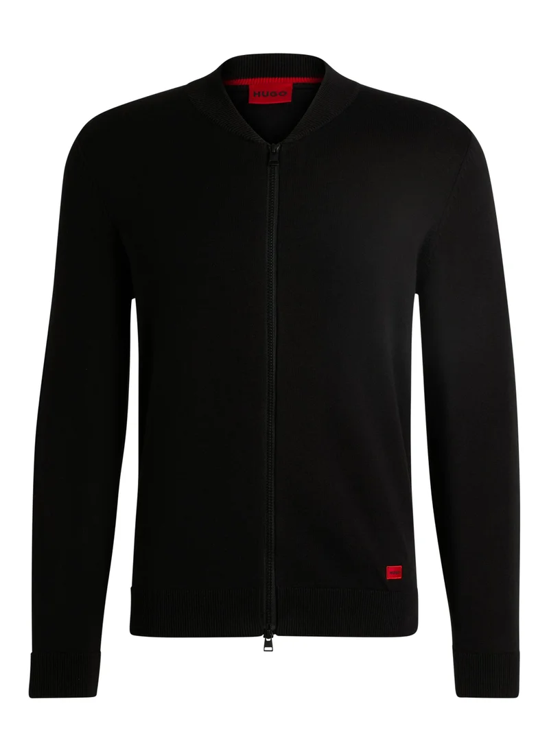 HUGO Knitted-cotton bomber cardigan with red logo label