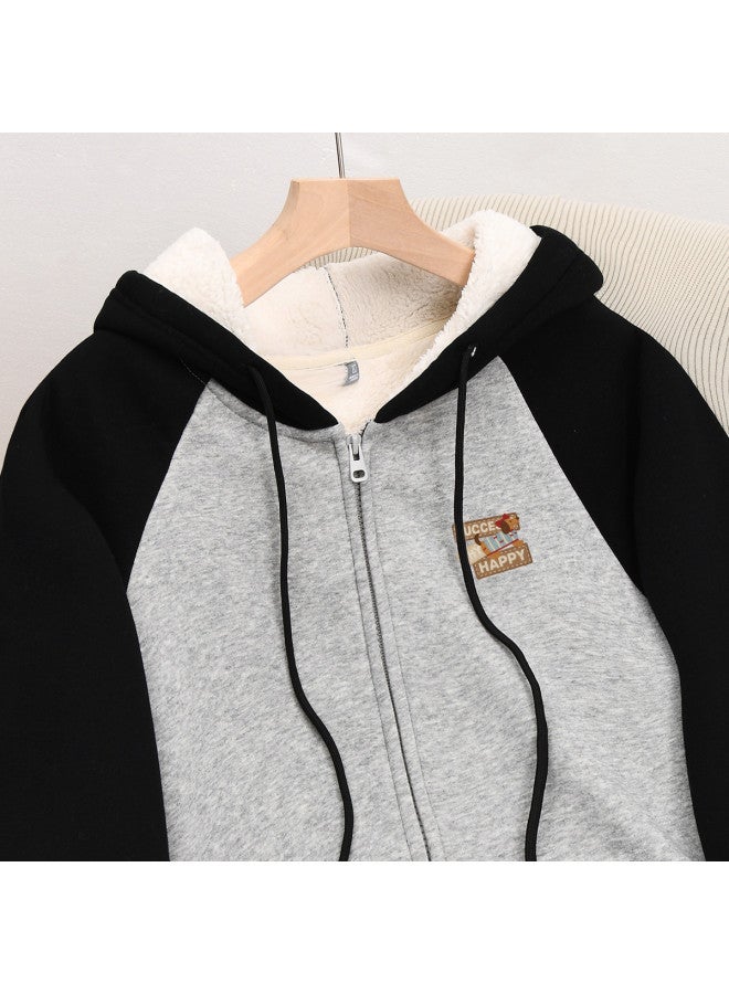 Flying in the snow Warm Up The Whole Winter] Fleece Hoodie Women's Jacket Autumn Winter Color-blocking Loose Hooded Cardigan Casual Top - Image 5