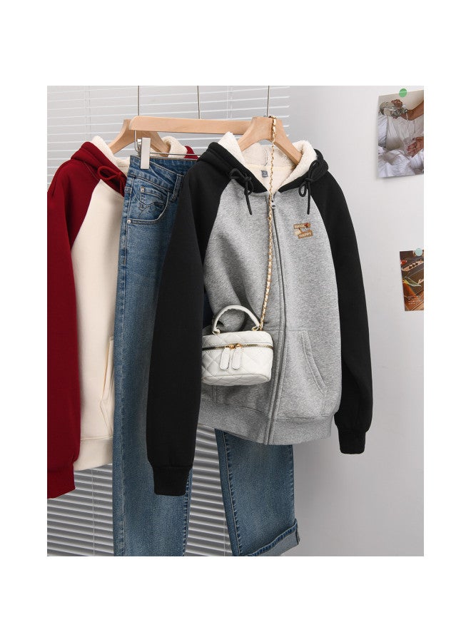 Flying in the snow Warm Up The Whole Winter] Fleece Hoodie Women's Jacket Autumn Winter Color-blocking Loose Hooded Cardigan Casual Top - Image 3