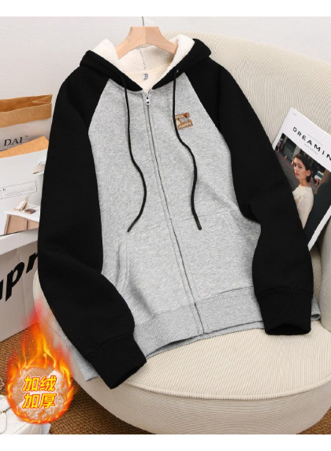 Flying in the snow Warm Up The Whole Winter] Fleece Hoodie Women's Jacket Autumn Winter Color-blocking Loose Hooded Cardigan Casual Top - Image 1