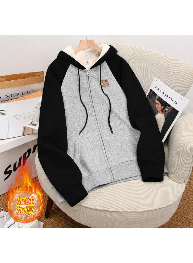 Flying in the snow Warm Up The Whole Winter] Fleece Hoodie Women's Jacket Autumn Winter Color-blocking Loose Hooded Cardigan Casual Top - Image 2