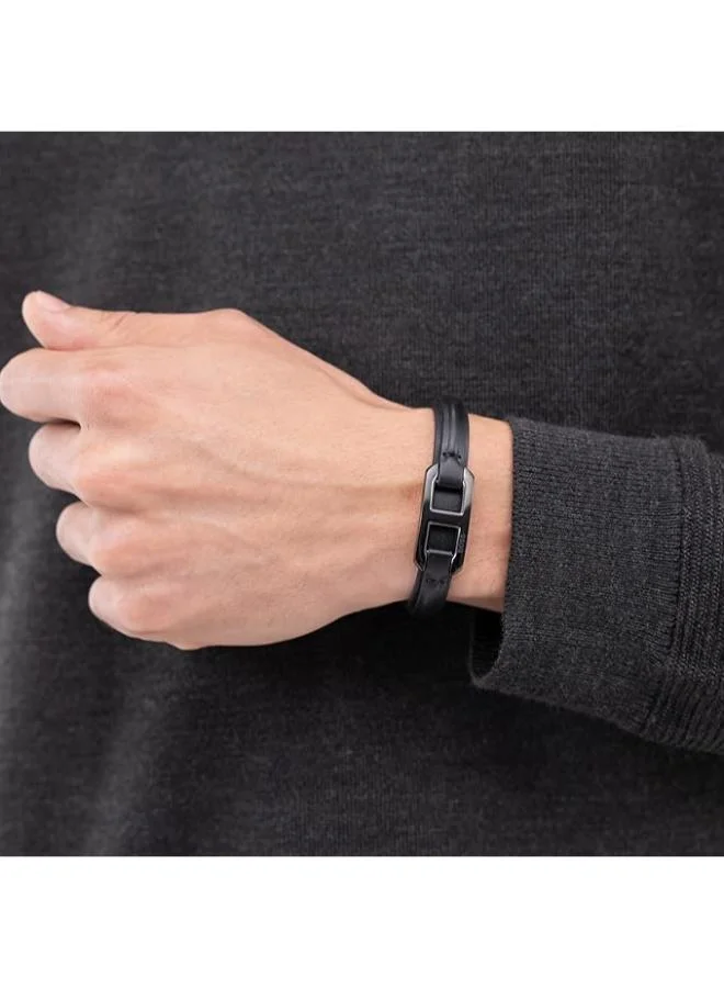 BOSS  Kode Collection Bracelet For Men With Black Leather And Black Stainless Steel Link - 1580784M for Men | Best Price UAE