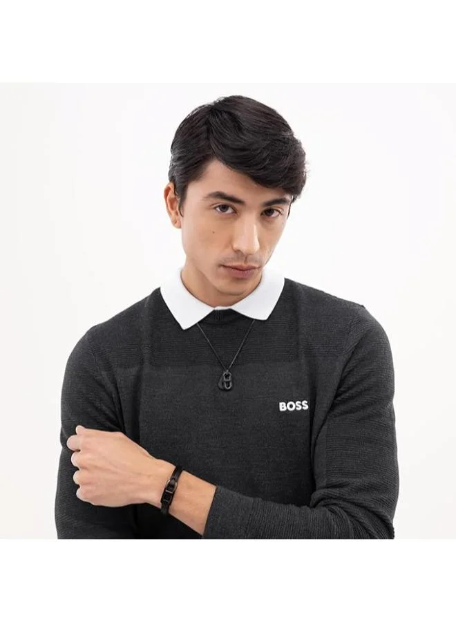 BOSS  Kode Collection Bracelet For Men With Black Leather And Black Stainless Steel Link - 1580784M for Men | Best Price UAE