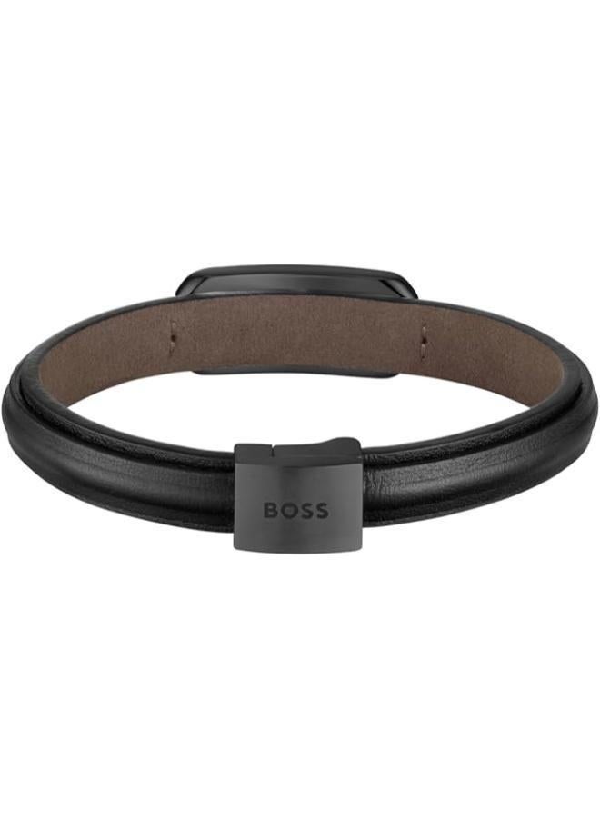 BOSS Kode Collection Bracelet For Men With Black Leather And Black Stainless Steel Link - 1580784M - Image 3