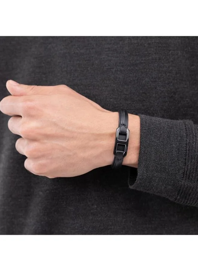 BOSS Kode Collection Bracelet For Men With Black Leather And Black Stainless Steel Link - 1580784M