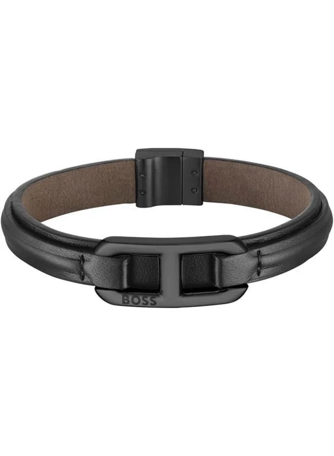 BOSS Kode Collection Bracelet For Men With Black Leather And Black Stainless Steel Link - 1580784M