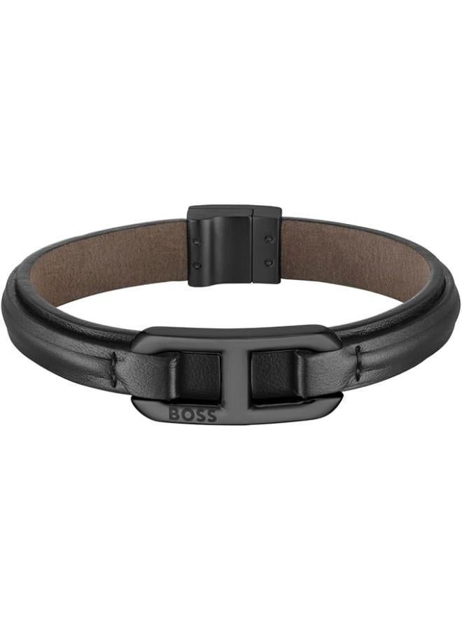 BOSS Kode Collection Bracelet For Men With Black Leather And Black Stainless Steel Link - 1580784M - Image 1