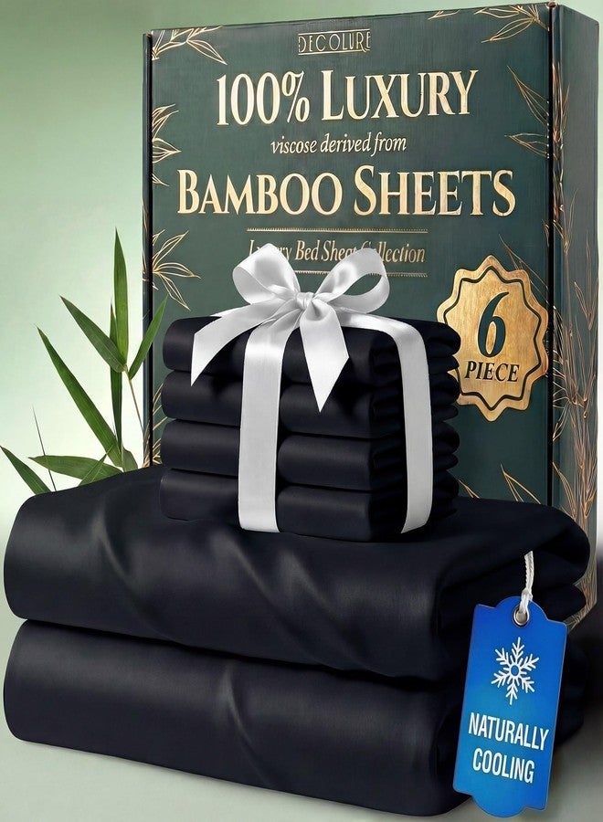 DECOLURE 100% Organic Viscose Derived from Bamboo Sheets Queen Size 6pcs - Ultra Soft & Luxuriously Cooling, 17" Deep Pocket, Double Stitching, Perfect for Hot Sleepers - Queen Bed Sheets (Black) - Image 1