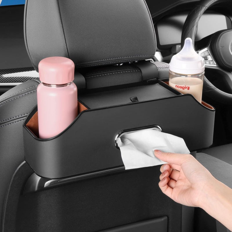 HALOYIVGO Car Seat Back Organizer - Stylish & Functional Storage for Family Adventures - Cup Holders, Tissue Box & Hooks - Perfect for Kids, Road Trips & Travel (Black) - Image 3