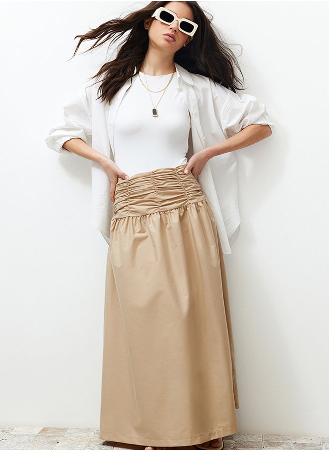 trendyol - Beige High Waisted Gathered Long Woven Skirt TCTSS24EE00001 - Image 1
