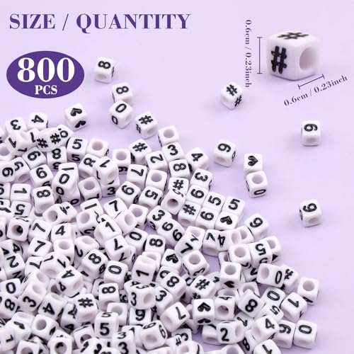 Gresorth 800 PCS White Cube Acrylic Number Beads Black Figure for DIY Bracelets, Necklaces, Key Chains 6x6 mm - Image 2