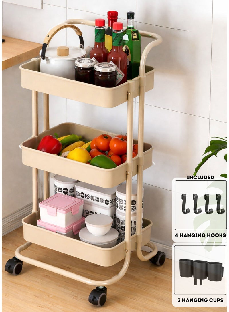Zaprus 3-Tier Kitchen Storage Trolley with Wheels – Heavy-Duty Carbon Steel Organizer Cart with 4 Hooks & 3 Hanging Cups, Universal Industrial Casters, Multi-Purpose Rolling Utility Rack for Home & Office - Beige - Image 1