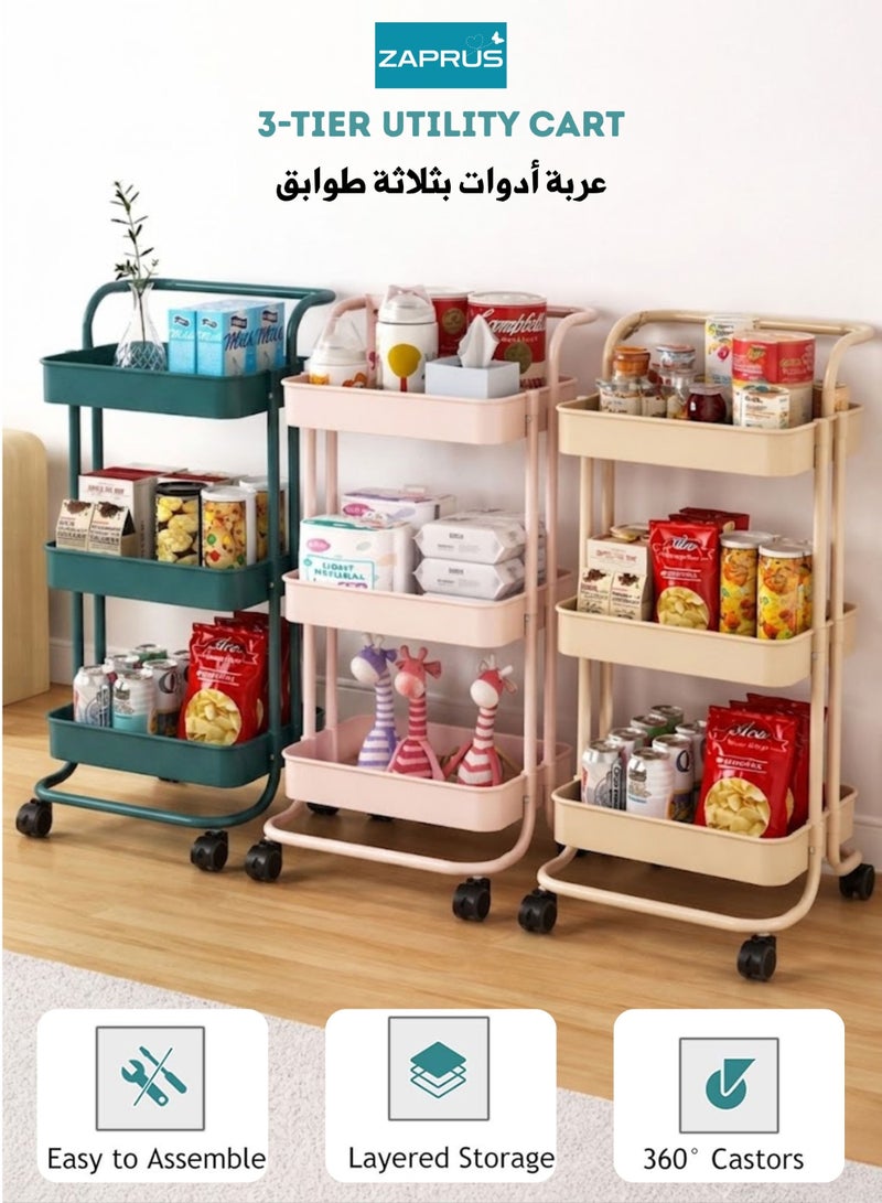 Zaprus 3-Tier Kitchen Storage Trolley with Wheels – Heavy-Duty Carbon Steel Organizer Cart with 4 Hooks & 3 Hanging Cups, Universal Industrial Casters, Multi-Purpose Rolling Utility Rack for Home & Office - Beige - Image 2
