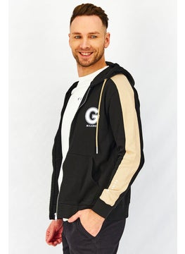 Gazzarrini Men Graphic Print Long Sleeve Hooded Sweatshirt, Black and Tan  - Image 2