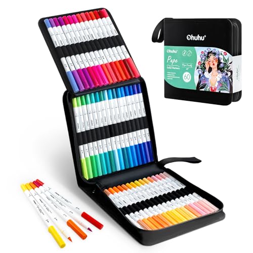 Ohuhu Markers Paperfriendly No Peeling Waterbased 60 Colors Dual Brush Fineliner Tips Markers for Adult Coloring Books No Bleeding Coloring Markers for Kids Beginner Calligraphy Pupe - Image 1