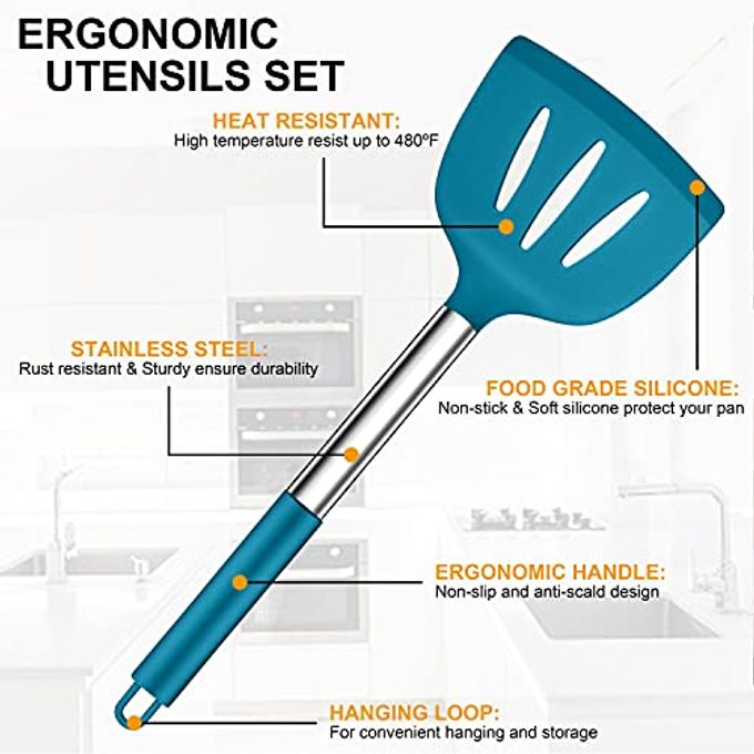 LIANYU 43 Pcs Silicone Kitchen Cooking Utensils with Holder, Heat Resistant Spatula Set with Stainless Steel Handle, Kitchen Cooking Gadgets Tools for Nonstick Cookware Set, Blue - Image 2