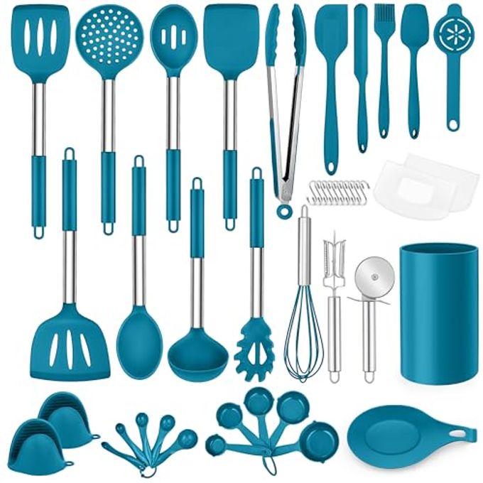 LIANYU 43 Pcs Silicone Kitchen Cooking Utensils with Holder, Heat Resistant Spatula Set with Stainless Steel Handle, Kitchen Cooking Gadgets Tools for Nonstick Cookware Set, Blue - Image 1