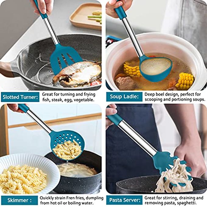 LIANYU 43 Pcs Silicone Kitchen Cooking Utensils with Holder, Heat Resistant Spatula Set with Stainless Steel Handle, Kitchen Cooking Gadgets Tools for Nonstick Cookware Set, Blue - Image 3