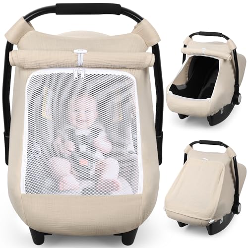 Rquite Car Seat Cover Baby, Carseat Covers Girl Boy, Breathable Muslin Cotton, Large Mesh Window, Infant Car Seat Canopy Baby Carrier Cover Stroller Sun Shade for Summer & Hot Day, Beige - Image 1