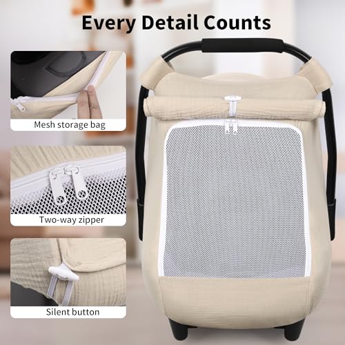 Rquite Car Seat Cover Baby, Carseat Covers Girl Boy, Breathable Muslin Cotton, Large Mesh Window, Infant Car Seat Canopy Baby Carrier Cover Stroller Sun Shade for Summer & Hot Day, Beige - Image 3
