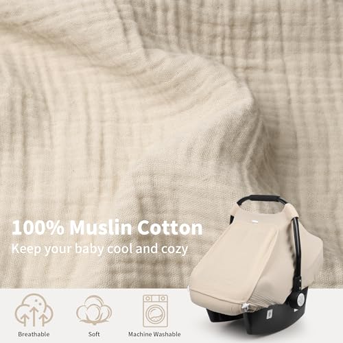 Rquite Car Seat Cover Baby, Carseat Covers Girl Boy, Breathable Muslin Cotton, Large Mesh Window, Infant Car Seat Canopy Baby Carrier Cover Stroller Sun Shade for Summer & Hot Day, Beige - Image 4