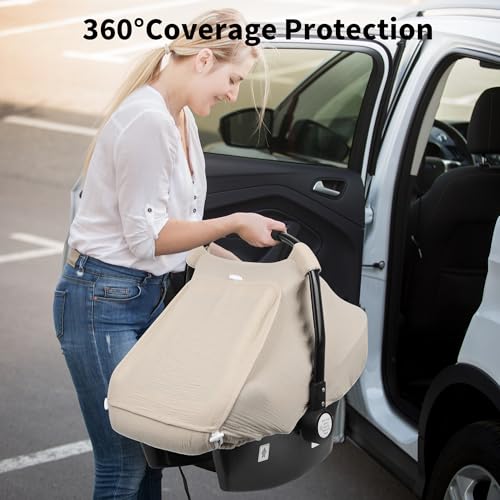 Rquite Car Seat Cover Baby, Carseat Covers Girl Boy, Breathable Muslin Cotton, Large Mesh Window, Infant Car Seat Canopy Baby Carrier Cover Stroller Sun Shade for Summer & Hot Day, Beige - Image 5