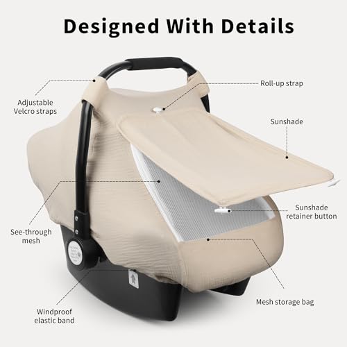 Rquite Car Seat Cover Baby, Carseat Covers Girl Boy, Breathable Muslin Cotton, Large Mesh Window, Infant Car Seat Canopy Baby Carrier Cover Stroller Sun Shade for Summer & Hot Day, Beige - Image 2