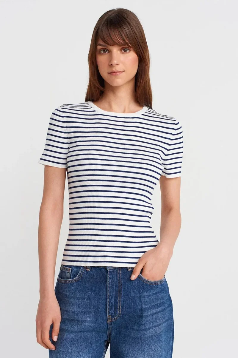 DILVIN Striped Ribbed Knit Blouse