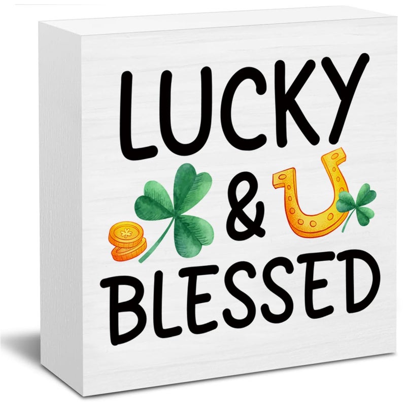CIANMGD St. Patrick's Day Decorations  Lucky & Blessed Wooden Block Sign  Shamrock Decorations  St. Patrick's Day Home Decor for Desk Table Shelf  5 X 5 Inches - Image 1