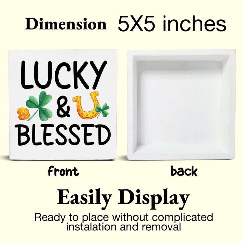 CIANMGD St. Patrick's Day Decorations  Lucky & Blessed Wooden Block Sign  Shamrock Decorations  St. Patrick's Day Home Decor for Desk Table Shelf  5 X 5 Inches - Image 2